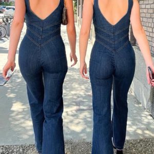 Trendy Backless Zip Up High Rise Denim Jumpsuit for Y2K Aesthetic Fashion Lovers