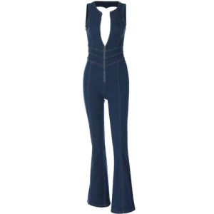 Trendy Backless Zip Up High Rise Denim Jumpsuit for Y2K Aesthetic Fashion Lovers