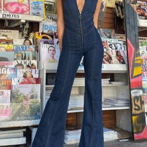 Trendy Backless Zip Up High Rise Denim Jumpsuit for Y2K Aesthetic Fashion Lovers