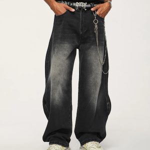 Trendy Baggy Washed Denim Jeans for Y2K Aesthetic and Grunge Style Outfits