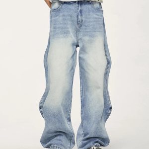 Trendy Baggy Washed Denim Jeans for Y2K Aesthetic and Grunge Style Outfits