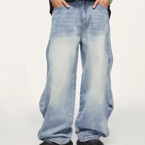 Trendy Baggy Washed Denim Jeans for Y2K Aesthetic and Grunge Style Outfits