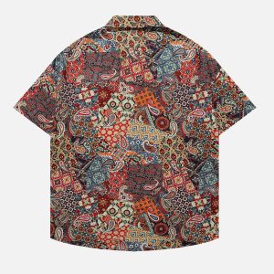 Trendy Bandana Print Short Sleeve Shirt for Y2K Aesthetic and Grunge Style Outfits