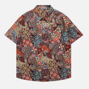 Trendy Bandana Print Short Sleeve Shirt for Y2K Aesthetic and Grunge Style Outfits