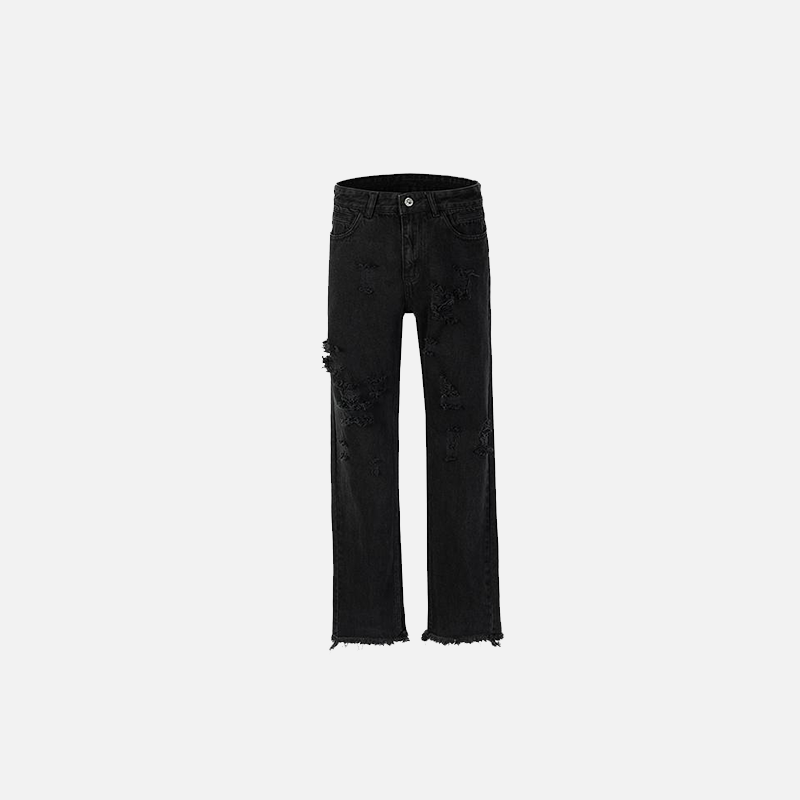 Trendy Black Distressed Straight-Leg Jeans for Y2K Aesthetic and Grunge Style Lovers