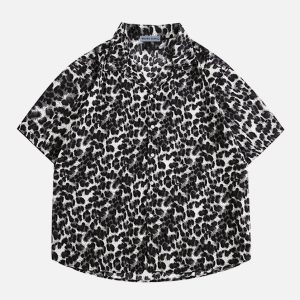 Trendy Black Leopard Print Short Sleeve Shirt for Y2K Fashion and Aesthetic Outfits