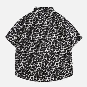 Trendy Black Leopard Print Short Sleeve Shirt for Y2K Fashion and Aesthetic Outfits