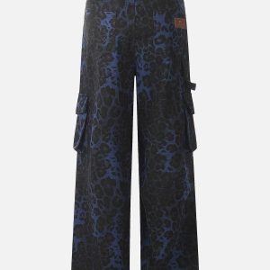 Trendy Blue Leopard Print Cargo Pants for Y2K Aesthetic and Grunge Style Outfits