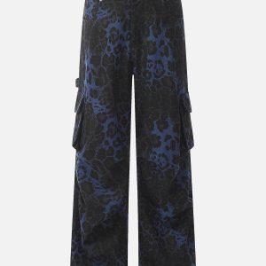 Trendy Blue Leopard Print Cargo Pants for Y2K Aesthetic and Grunge Style Outfits