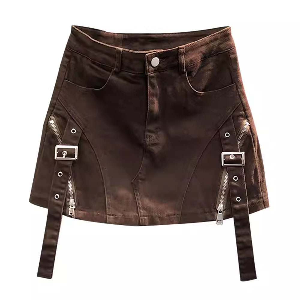 Trendy Brown Denim Buckle Skirt for Y2K Aesthetic and Grunge Style Outfits