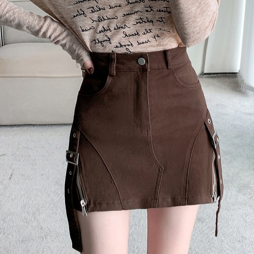 Trendy Brown Denim Buckle Skirt for Y2K Aesthetic and Grunge Style Outfits