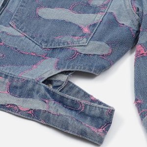 Trendy Camouflage Denim Jacket for Y2K Aesthetic and Grunge Style Outfits