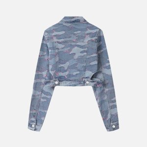 Trendy Camouflage Denim Jacket for Y2K Aesthetic and Grunge Style Outfits