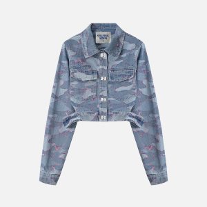 Trendy Camouflage Denim Jacket for Y2K Aesthetic and Grunge Style Outfits