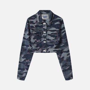 Trendy Camouflage Denim Jacket for Y2K Aesthetic and Grunge Style Outfits