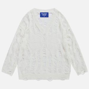 Trendy Cut-Out Distressed Sweater for Y2K Aesthetic and Grunge Style Outfits