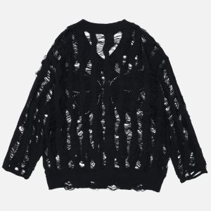 Trendy Cut-Out Distressed Sweater for Y2K Aesthetic and Grunge Style Outfits