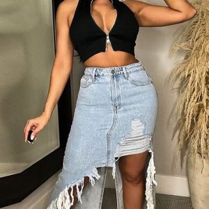 Trendy Denim Ripped Slit Tassel Skirt for Y2K Aesthetic and Grunge Style Outfits