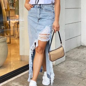 Trendy Denim Ripped Slit Tassel Skirt for Y2K Aesthetic and Grunge Style Outfits