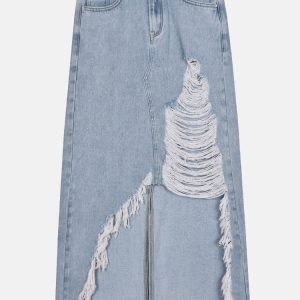 Trendy Denim Ripped Slit Tassel Skirt for Y2K Aesthetic and Grunge Style Outfits