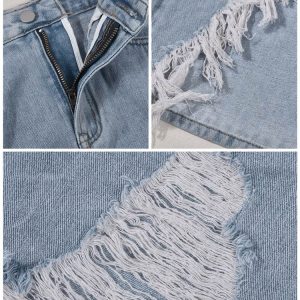 Trendy Denim Ripped Slit Tassel Skirt for Y2K Aesthetic and Grunge Style Outfits