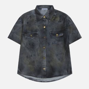 Trendy Dip-Dye Denim Short Sleeve Shirt for Y2K Aesthetic Outfits and Grunge Style