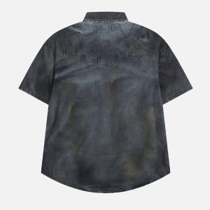 Trendy Dip-Dye Denim Short Sleeve Shirt for Y2K Aesthetic Outfits and Grunge Style