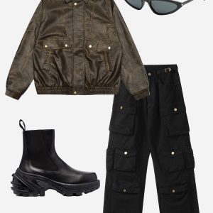 Trendy Dip-Dye Washed Faux Leather Jacket for Y2K Aesthetic and Grunge Style Outfits