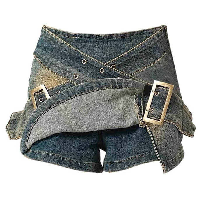 Trendy Double Buckle Denim Mini Skirt for Y2K Aesthetic and Grunge Style Outfits