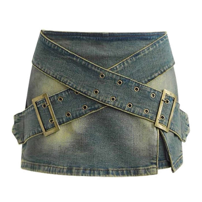 Trendy Double Buckle Denim Mini Skirt for Y2K Aesthetic and Grunge Style Outfits