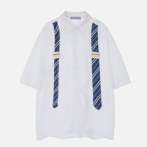 Trendy Double Necktie Short Sleeve Shirt for Y2K Aesthetic and Coquette Style