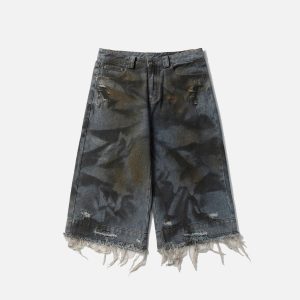 Trendy Graffiti Fringe Jorts for Y2K Aesthetic Outfits and Grunge Style Looks