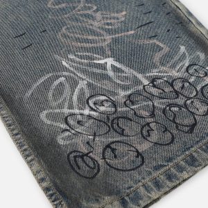 Trendy Graffiti Loose Jeans for Y2K Aesthetic and Grunge Style Outfits