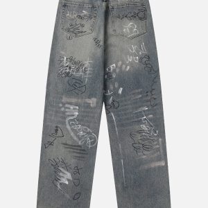 Trendy Graffiti Loose Jeans for Y2K Aesthetic and Grunge Style Outfits