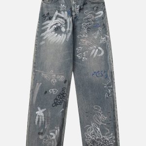 Trendy Graffiti Loose Jeans for Y2K Aesthetic and Grunge Style Outfits