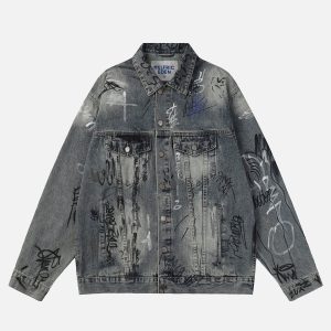 Trendy Graffiti Washed Denim Jacket for Y2K Aesthetic and Grunge Style Outfits