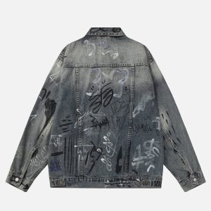 Trendy Graffiti Washed Denim Jacket for Y2K Aesthetic and Grunge Style Outfits