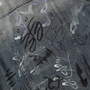 Trendy Graffiti Washed Denim Jacket for Y2K Aesthetic and Grunge Style Outfits