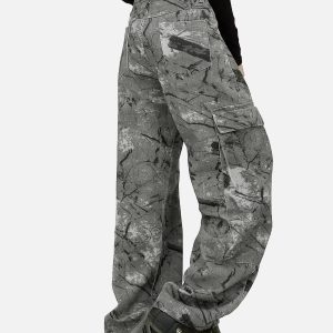 Trendy Grey Camouflage Cargo Pants for Y2K Aesthetic and Grunge Style Outfits