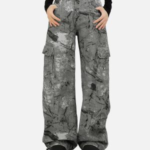 Trendy Grey Camouflage Cargo Pants for Y2K Aesthetic and Grunge Style Outfits