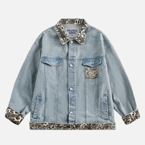 Trendy Leopard Print Denim Jacket for Y2K Aesthetic and Grunge Style Outfits