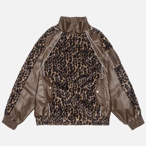 Trendy Leopard Print Faux Leather Jacket for Y2K Fashion and Grunge Aesthetic Lovers