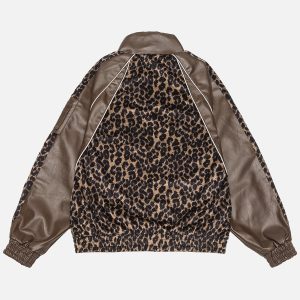 Trendy Leopard Print Faux Leather Jacket for Y2K Fashion and Grunge Aesthetic Lovers