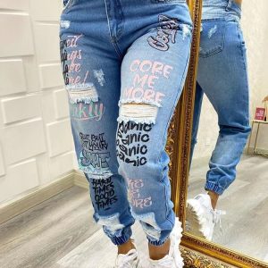 Trendy Letter Print Ripped Jeans for Y2K Aesthetic and Grunge Style Outfits