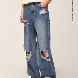 Trendy Loose Ripped Washed Jeans for Y2K Aesthetic and Grunge Style Outfits