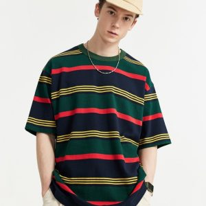 Trendy Loose Striped Contrast T-Shirt for Y2K Aesthetic and Coquette Style Outfits