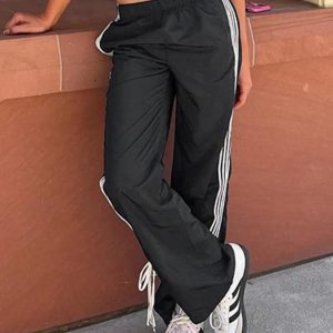 Trendy Low Rise Piping Detail Wide Leg Pants for Y2K Aesthetic Outfits