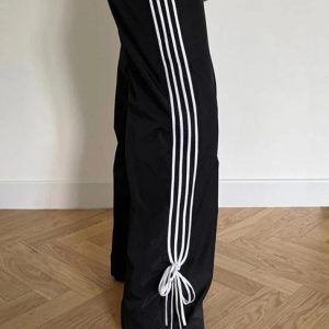 Trendy Low Rise Piping Detail Wide Leg Pants for Y2K Aesthetic Outfits