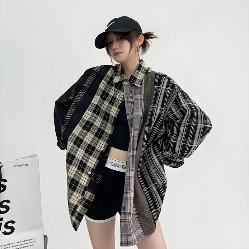 Trendy Multi-Pattern Plaid Shirt for Y2K Aesthetic and Grunge Style Outfits