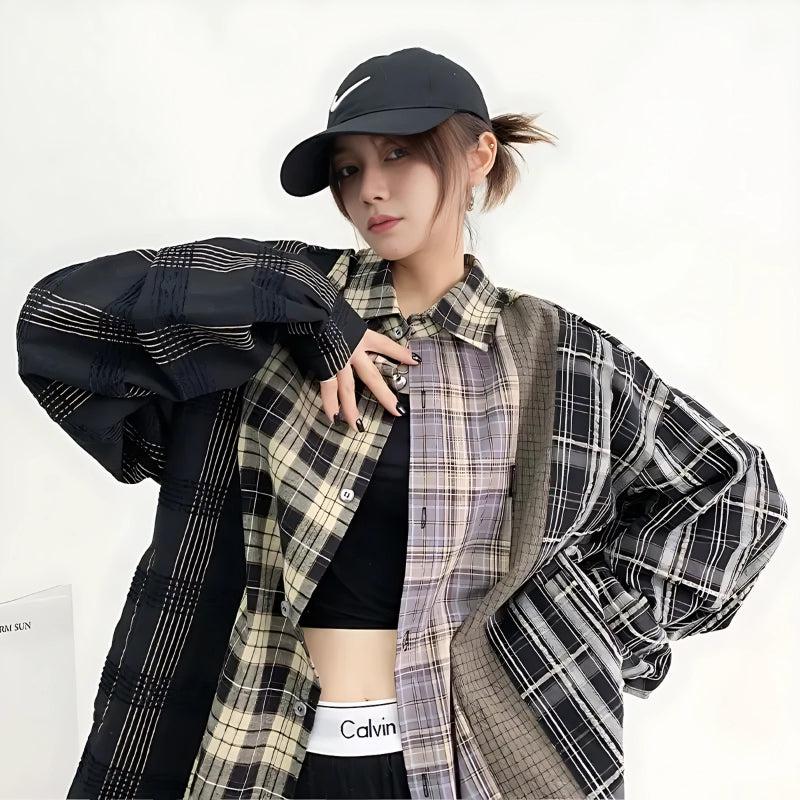 Trendy Multi-Pattern Plaid Shirt for Y2K Aesthetic and Grunge Style Outfits